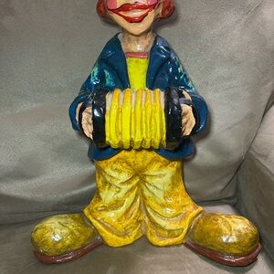 Vibrant Signed Vtg Alvarez Meifso Paper Mache Clown Sculpture with Accordion